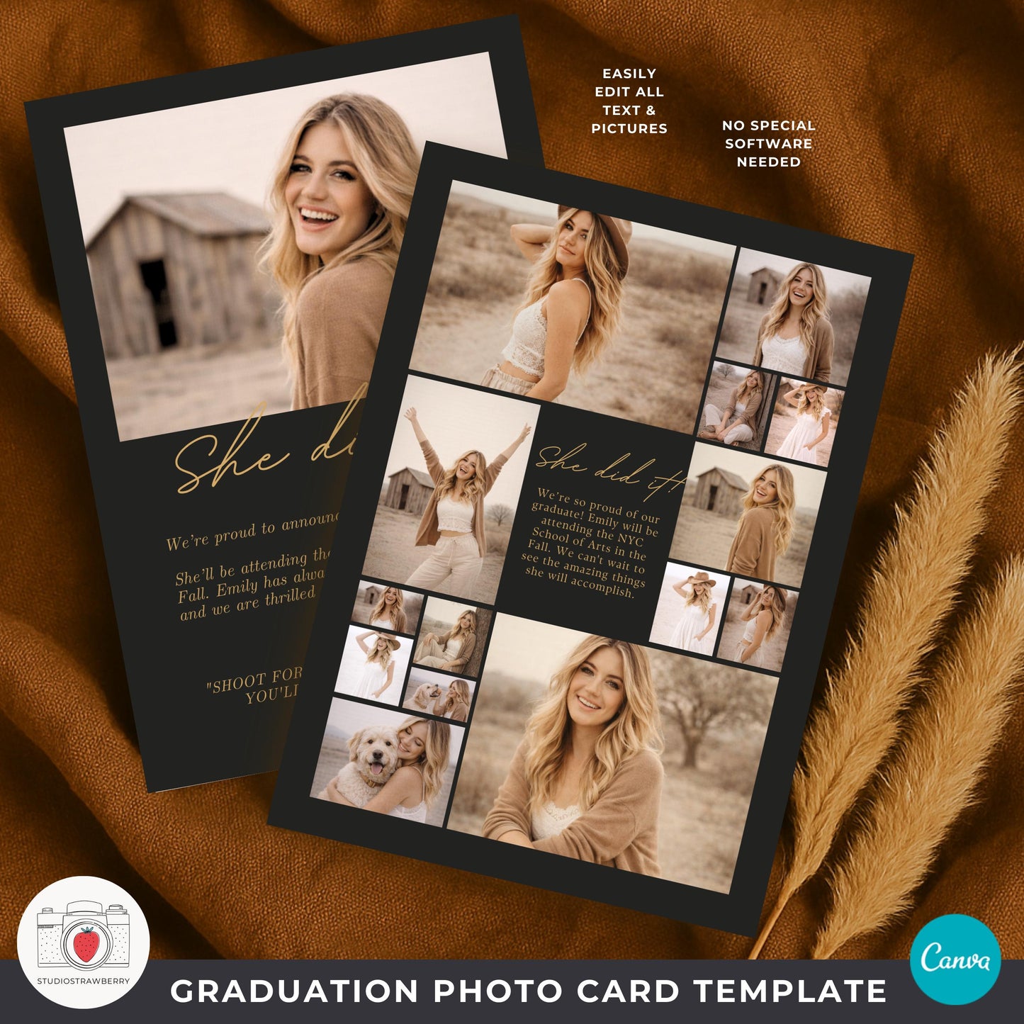 Vertical 2026 graduation announcement black gold collage card template