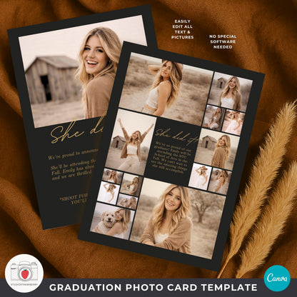 Vertical 2026 graduation announcement black gold collage card template