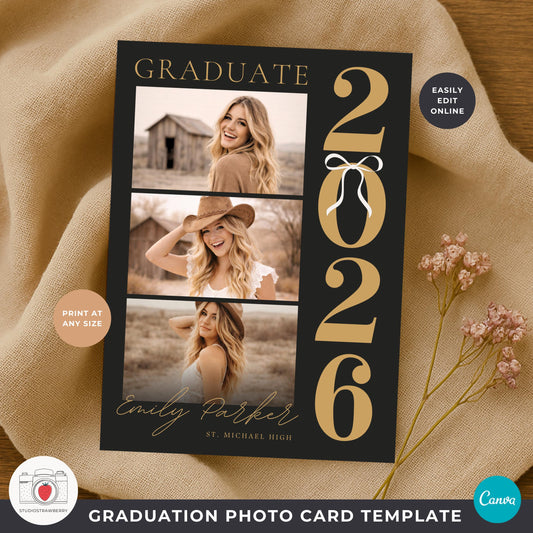 Black gold graduation photo card template with vertical 2026 year numbers and ribbon design