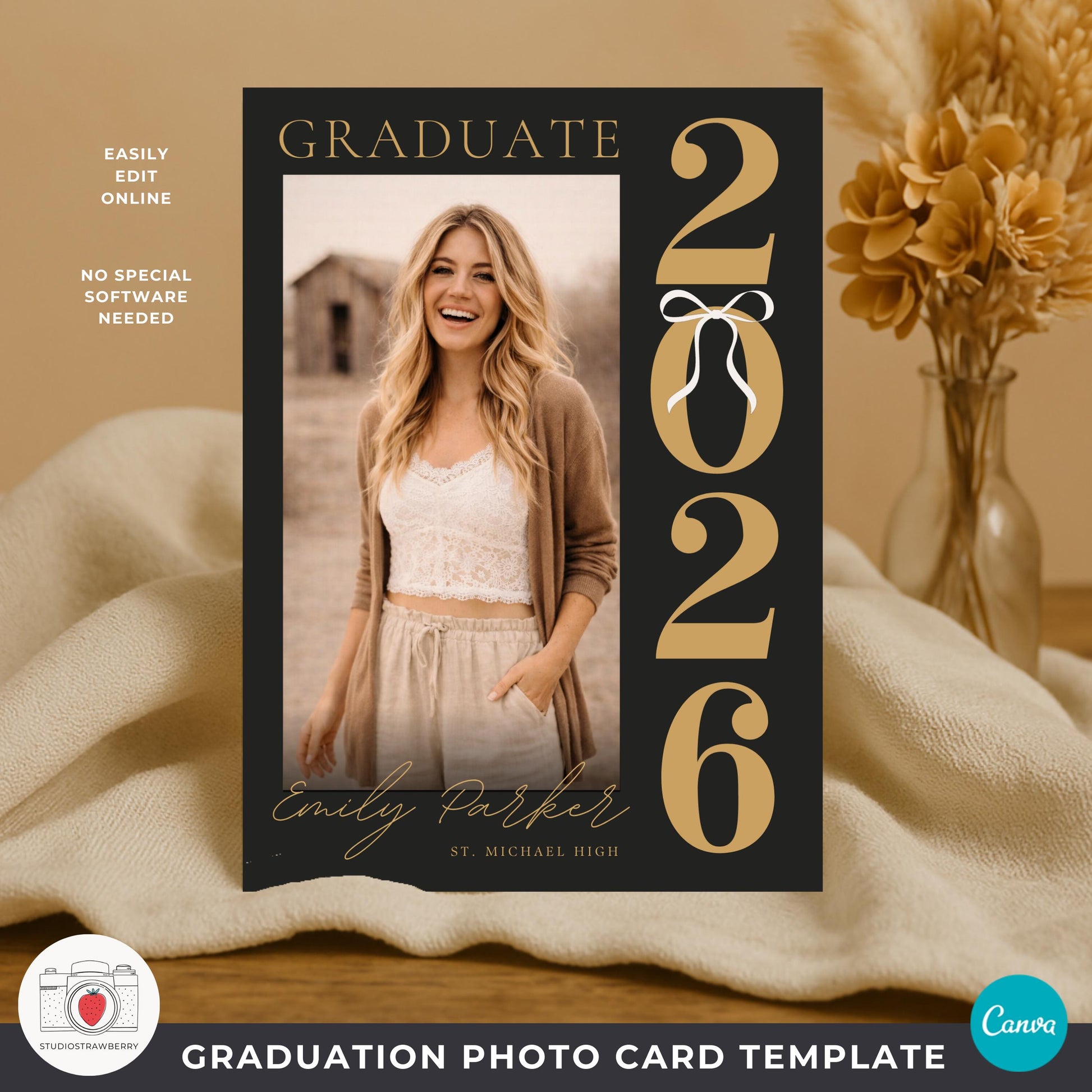 Graduation collage announcement black gold ribbon design for class of 2026