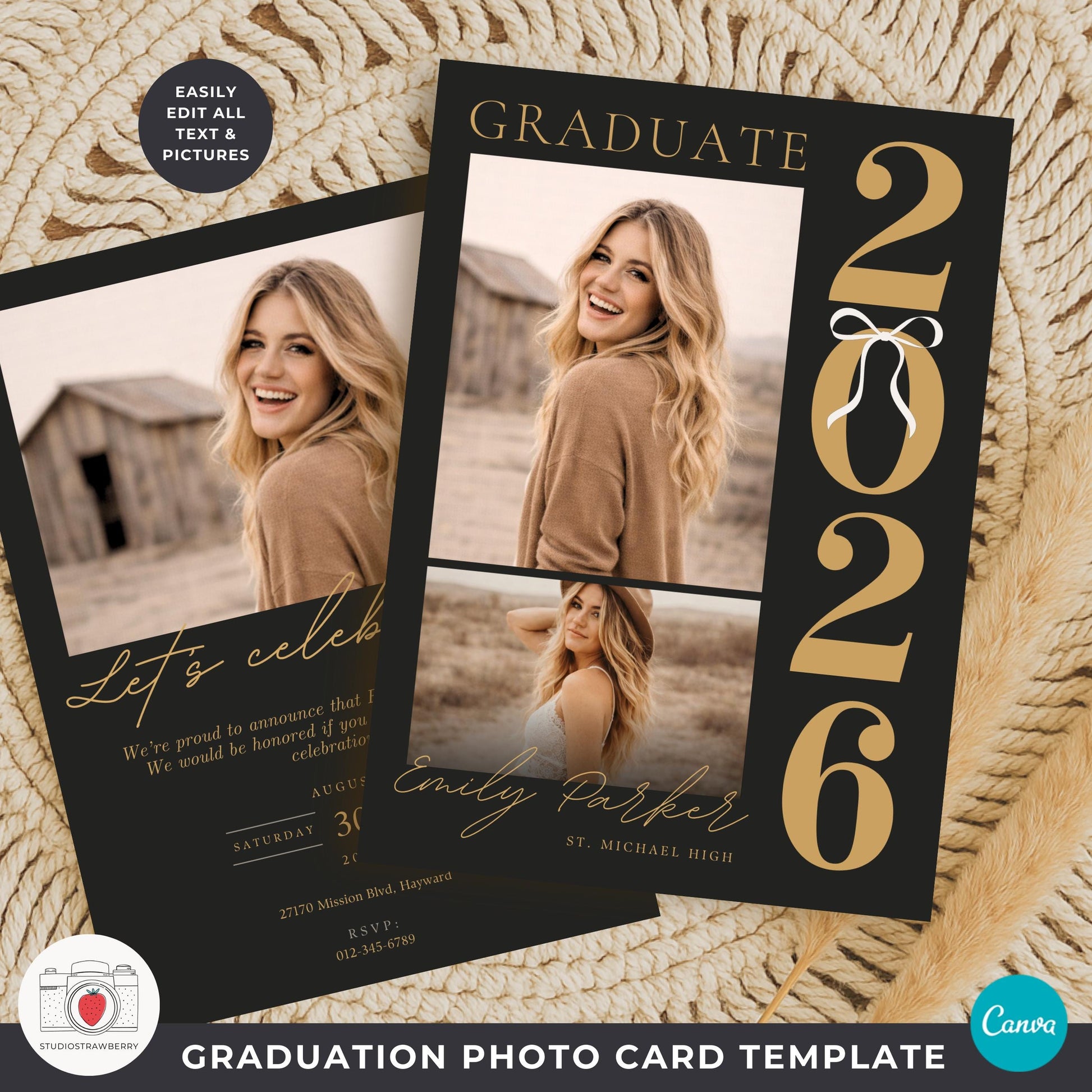 Vertical year numbers graduation card template 2026 black gold design