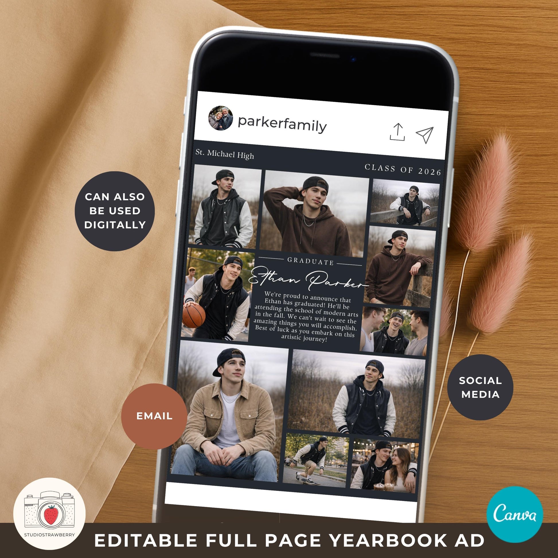 Yearbook ad template editable canva senior boy design