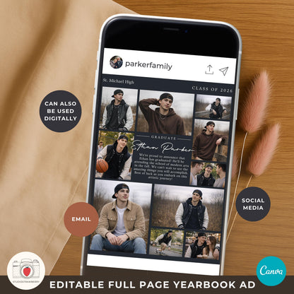 Yearbook ad template editable canva senior boy design