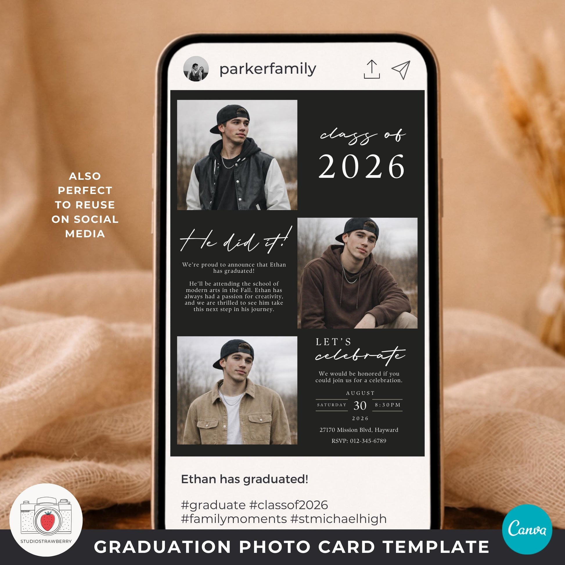minimalist male graduation photo announcement template for senior pictures