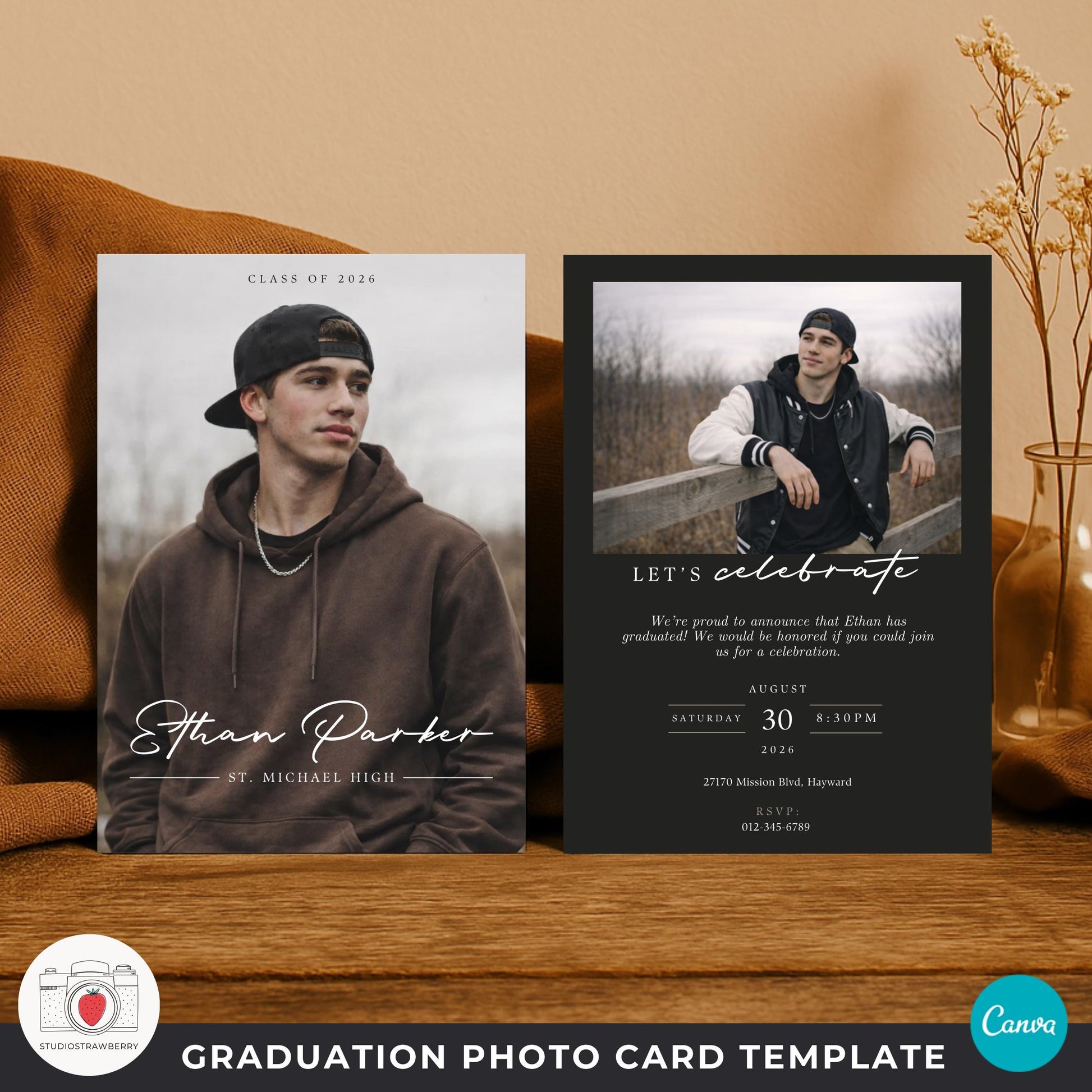 class of 2026 boy graduation celebration card template with portrait photo