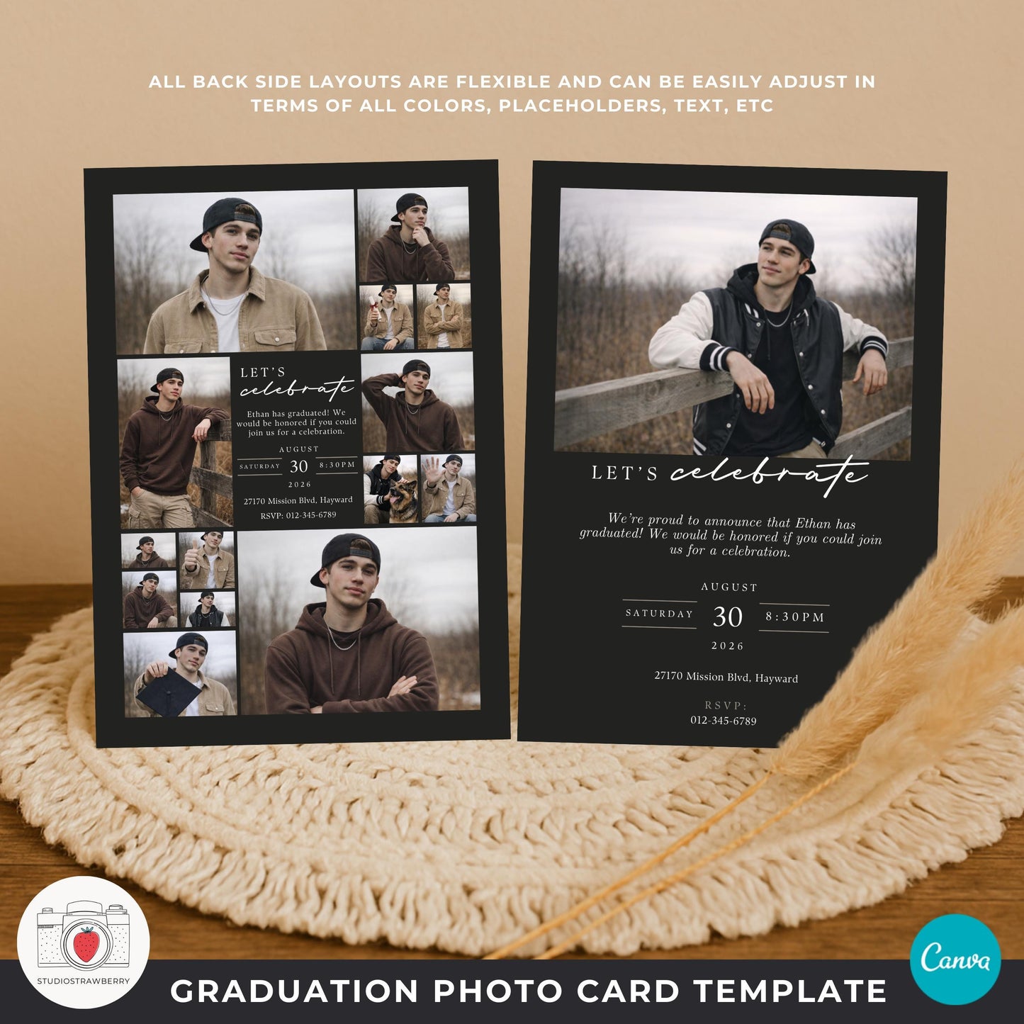 male graduate photo collage announcement card for class of 2026 celebration
