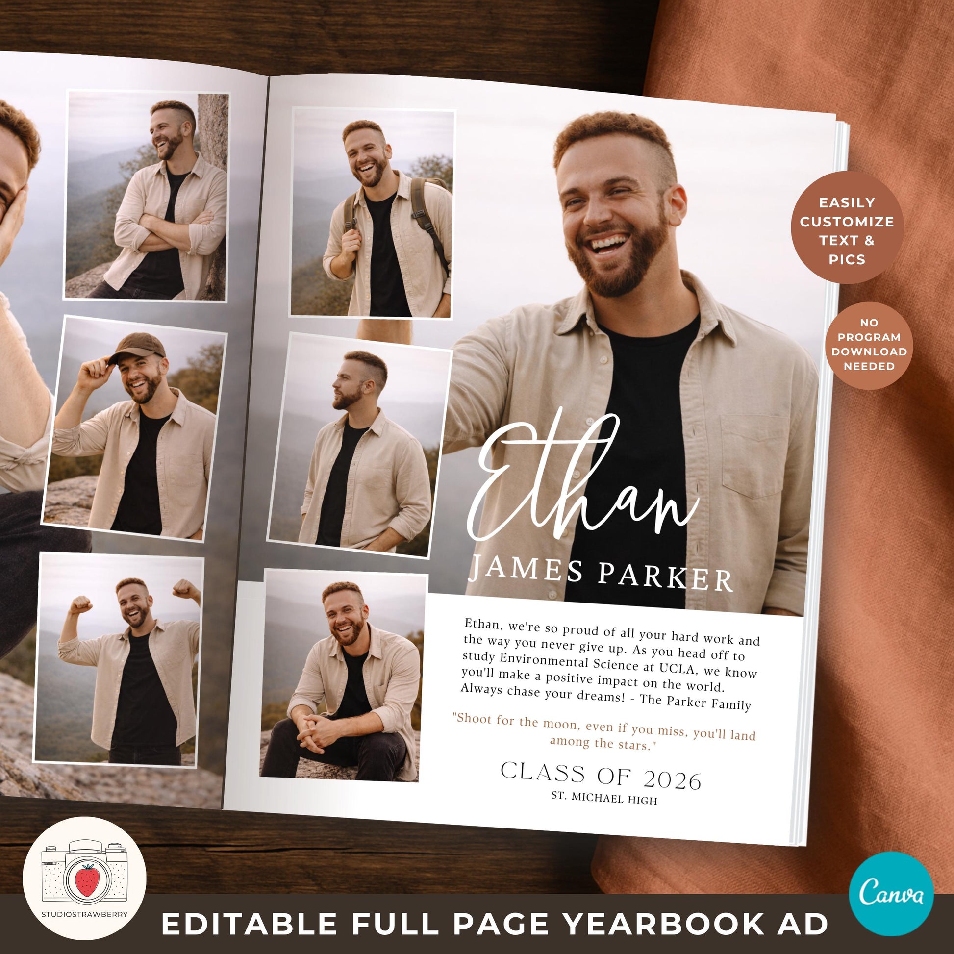Custom yearbook ad template for high school graduate boy with collage