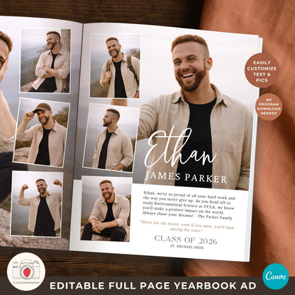 Custom yearbook ad template for high school graduate boy with collage