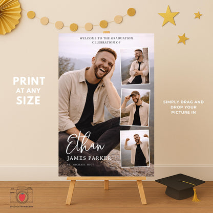 graduation welcome sign with large photo and name for senior boy party