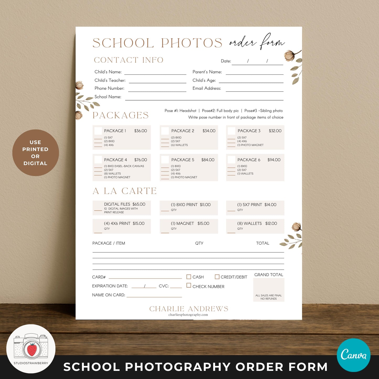 School photo package order form printable for parents and students