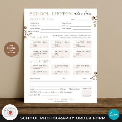 School photo package order form printable for parents and students