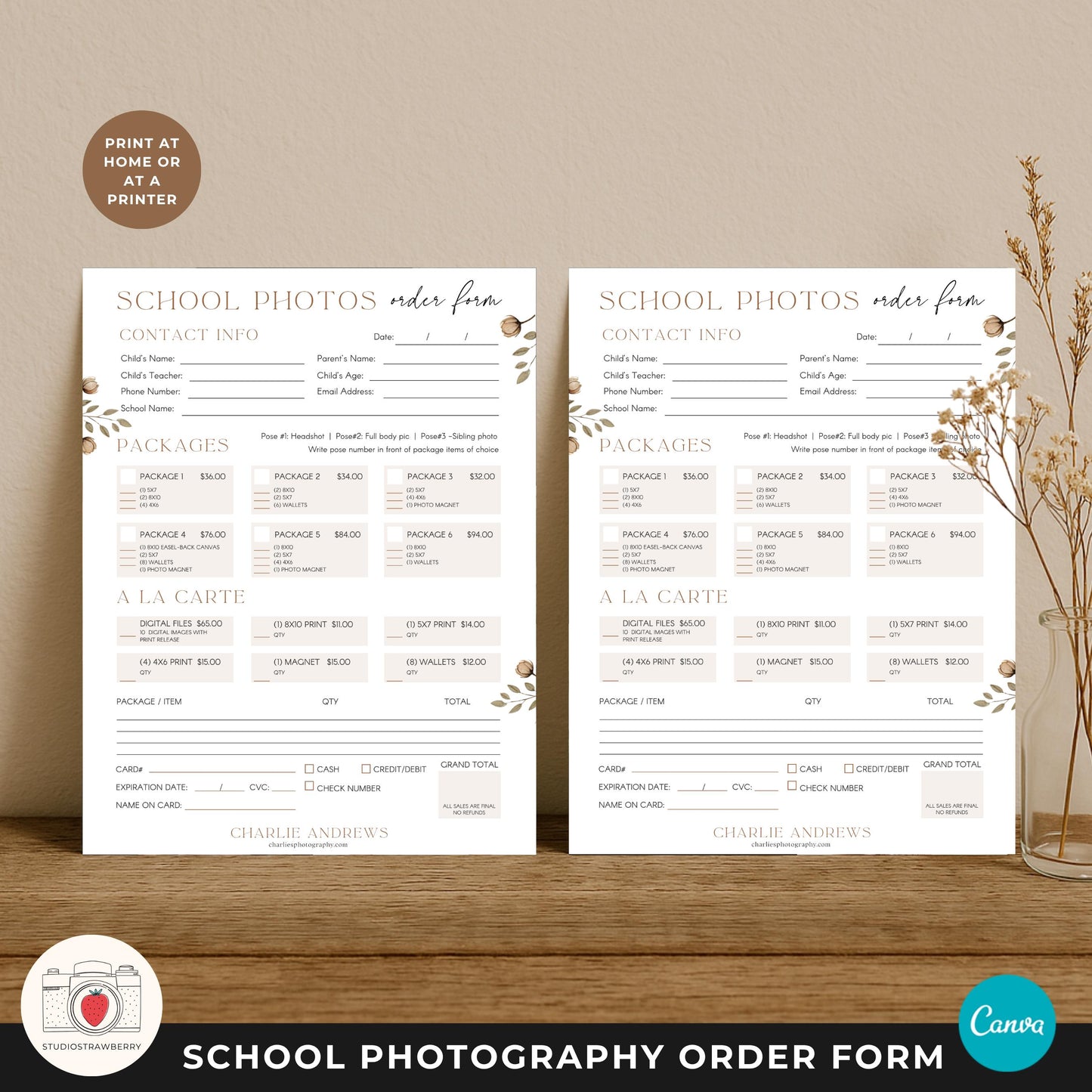 School portrait order form template for professional photographers