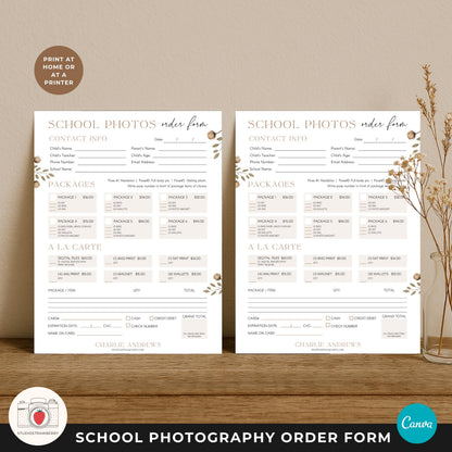 School portrait order form template for professional photographers