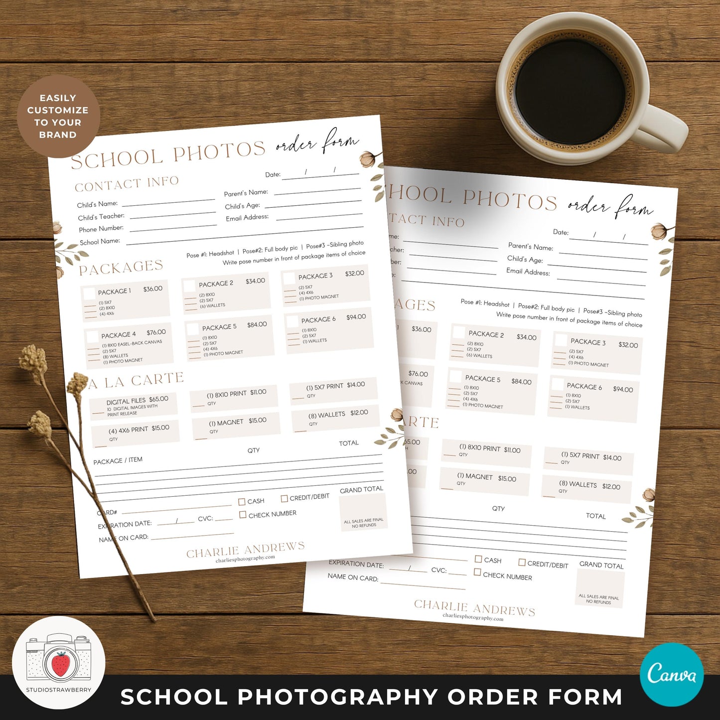 School photo order form printable letter size design for picture day