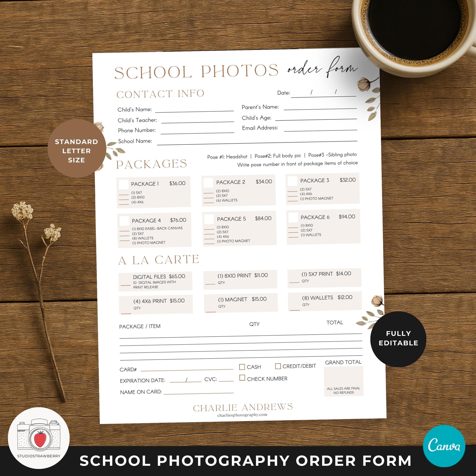 Photography order form for schools with package pricing sections