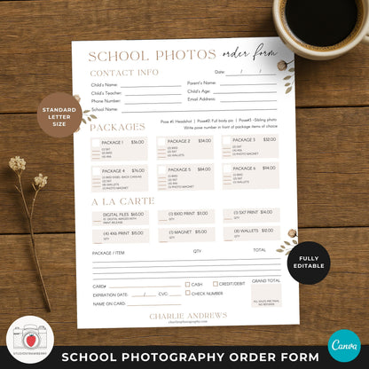 Photography order form for schools with package pricing sections