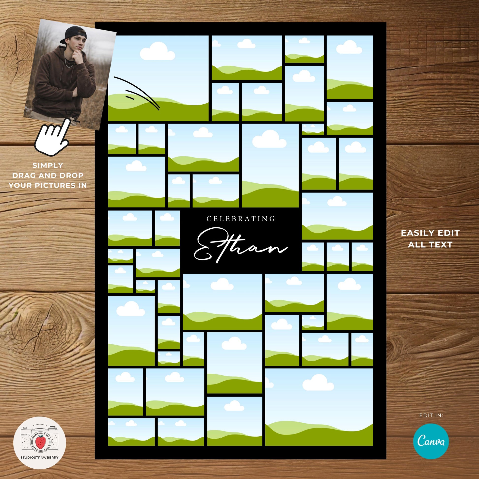 Editable graduation party welcome sign template in Canva with customizable background and text