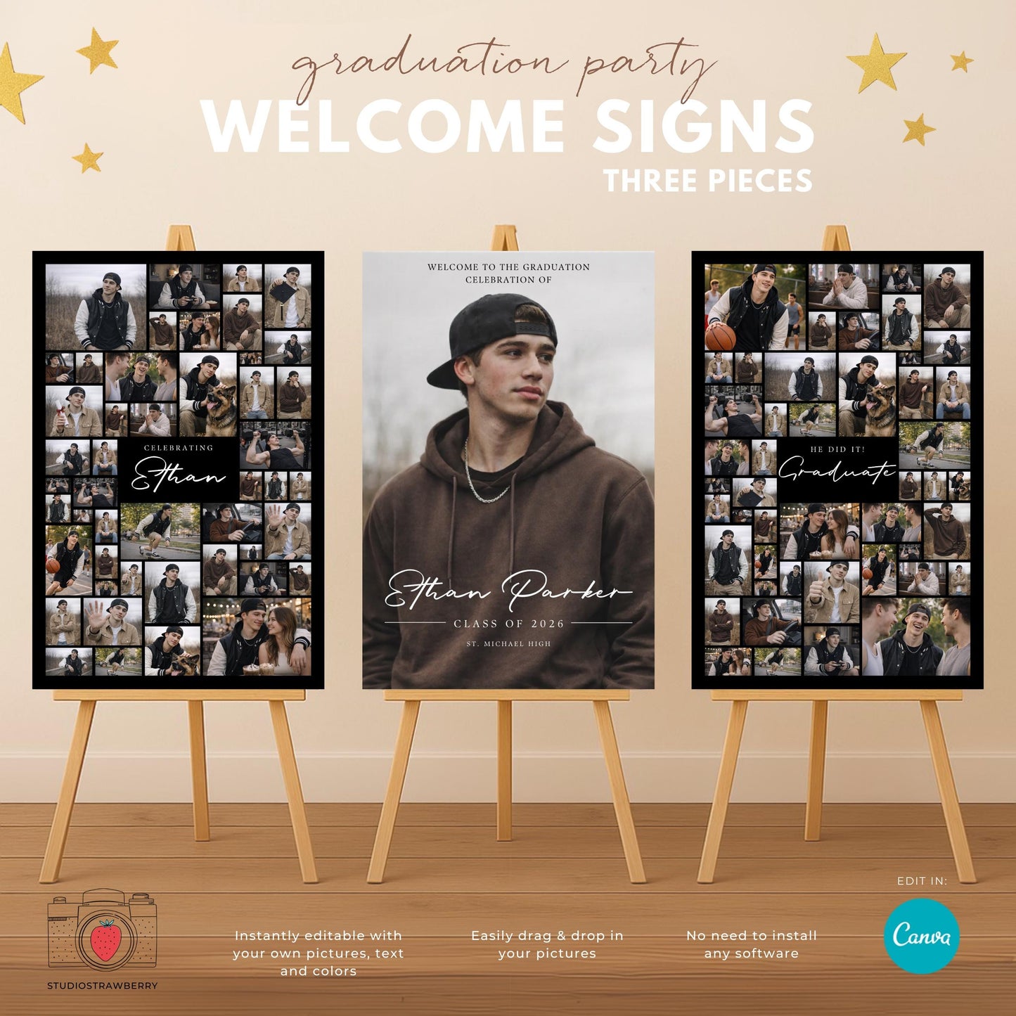 Male graduation welcome sign set of 3 with photo collage posters for senior graduation party entrance