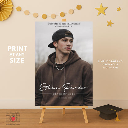 Graduation welcome sign template for male graduate featuring large portrait photo and editable name