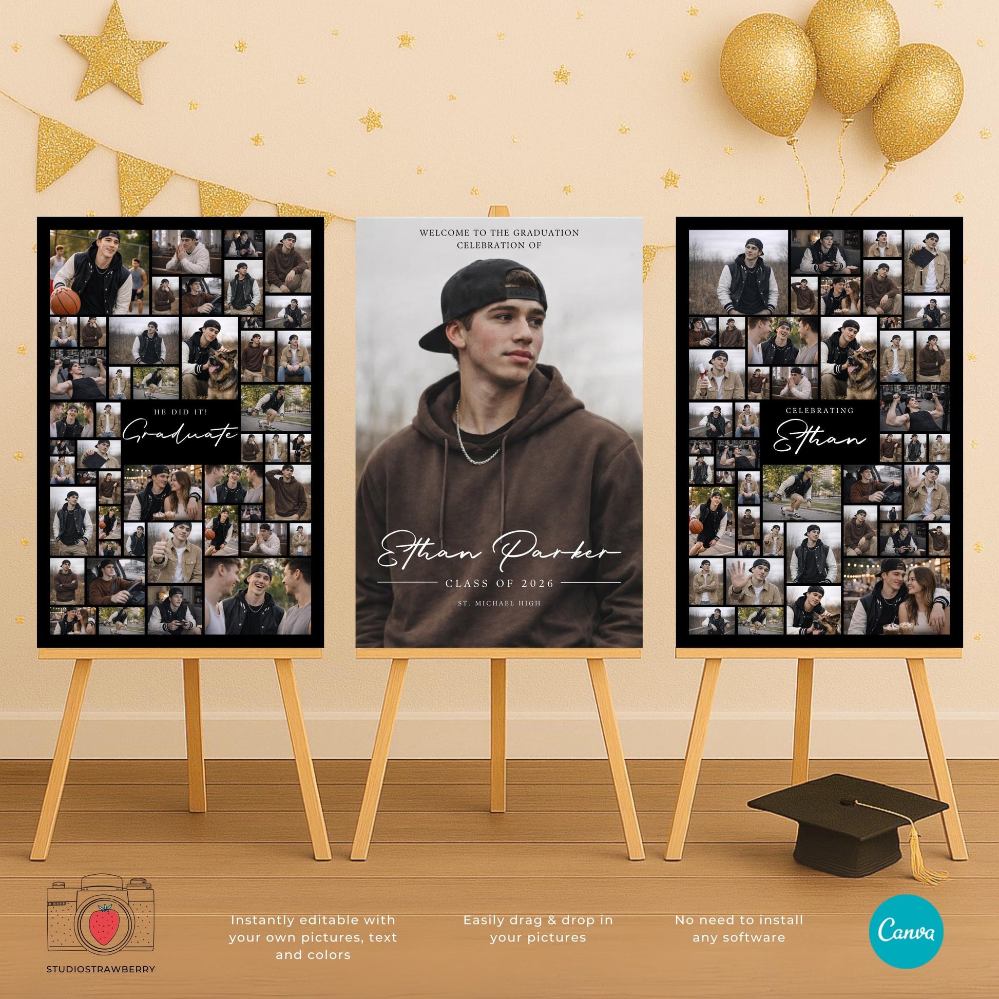 Graduation poster with photo collage side panels and center portrait welcome sign design