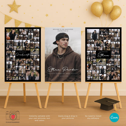 Graduation poster with photo collage side panels and center portrait welcome sign design