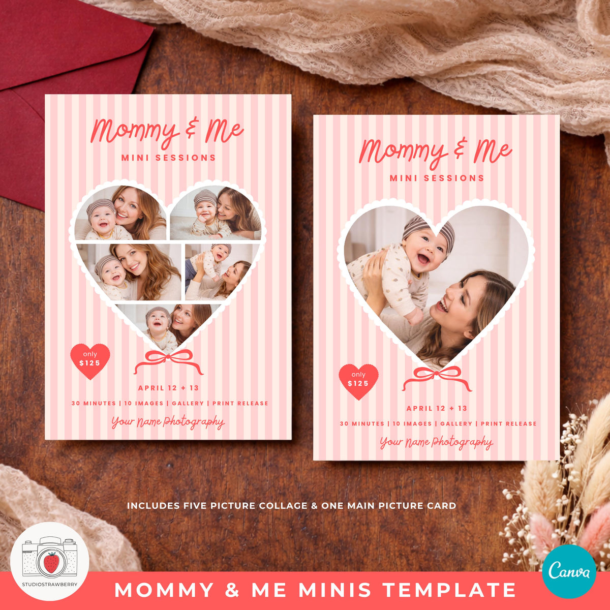 Mommy and me photographer marketing template showing collage and single photo design
