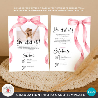 graduation photo card with bow and collage back layout for senior announcement