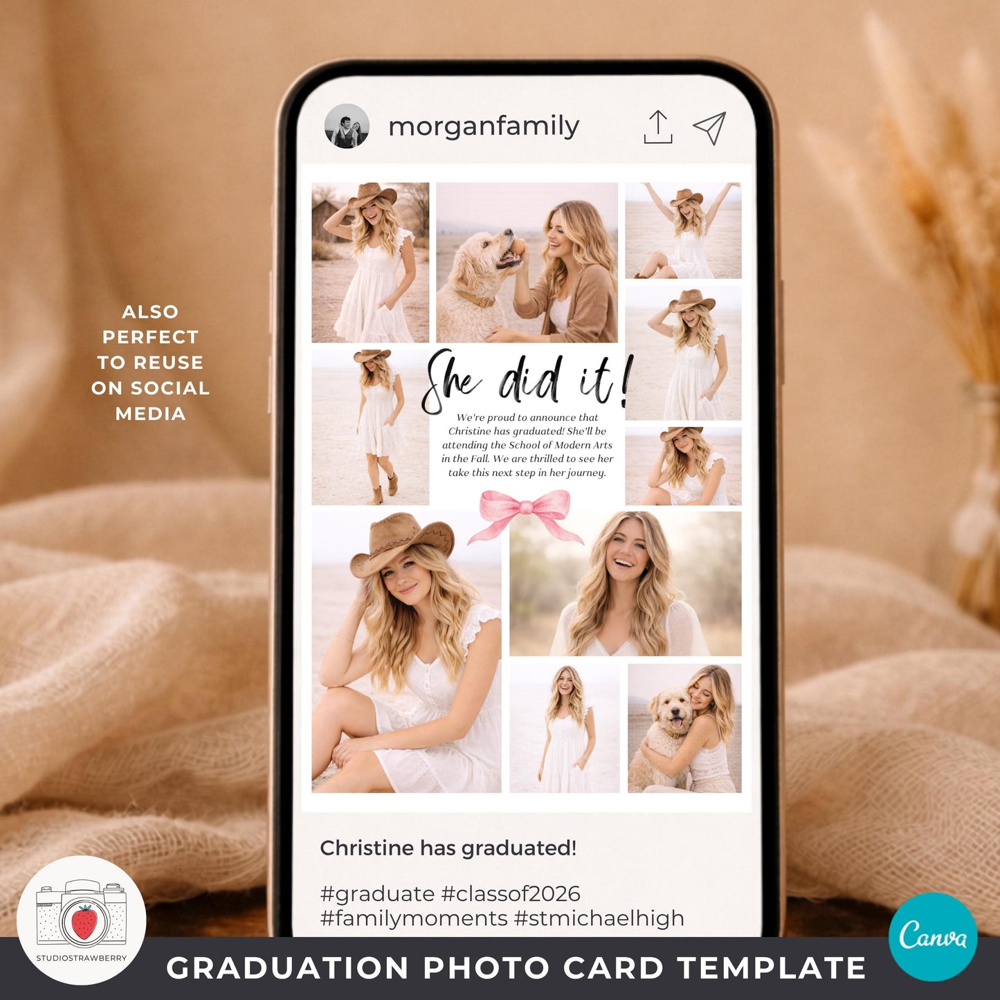 graduation announcement with photo collage back in pink theme for class of 2026