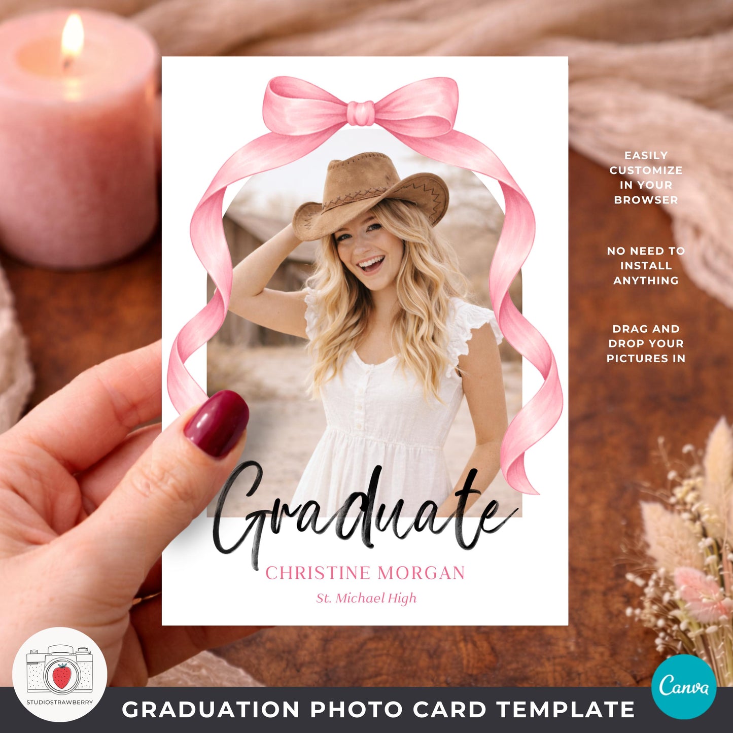 pink bow graduation card template with photo and script text for class of 2026 girl