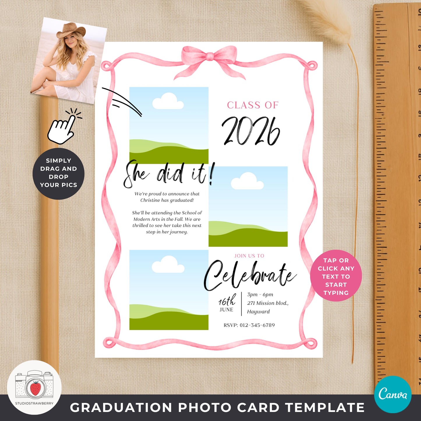 senior photo card with ribbon design and multiple photo collage layout