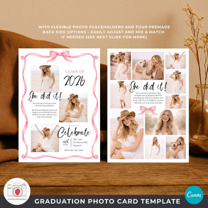pink ribbon graduation announcement template front side with single photo layout