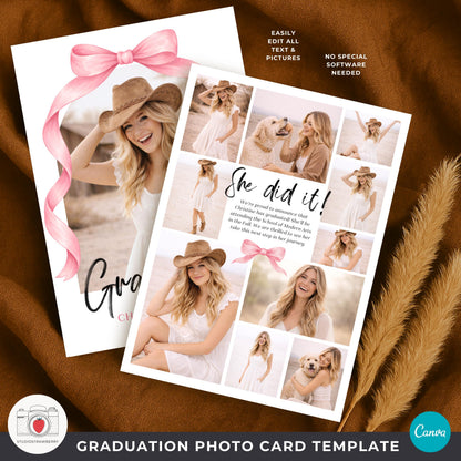 girl graduation photo card template with soft pink aesthetic and editable text