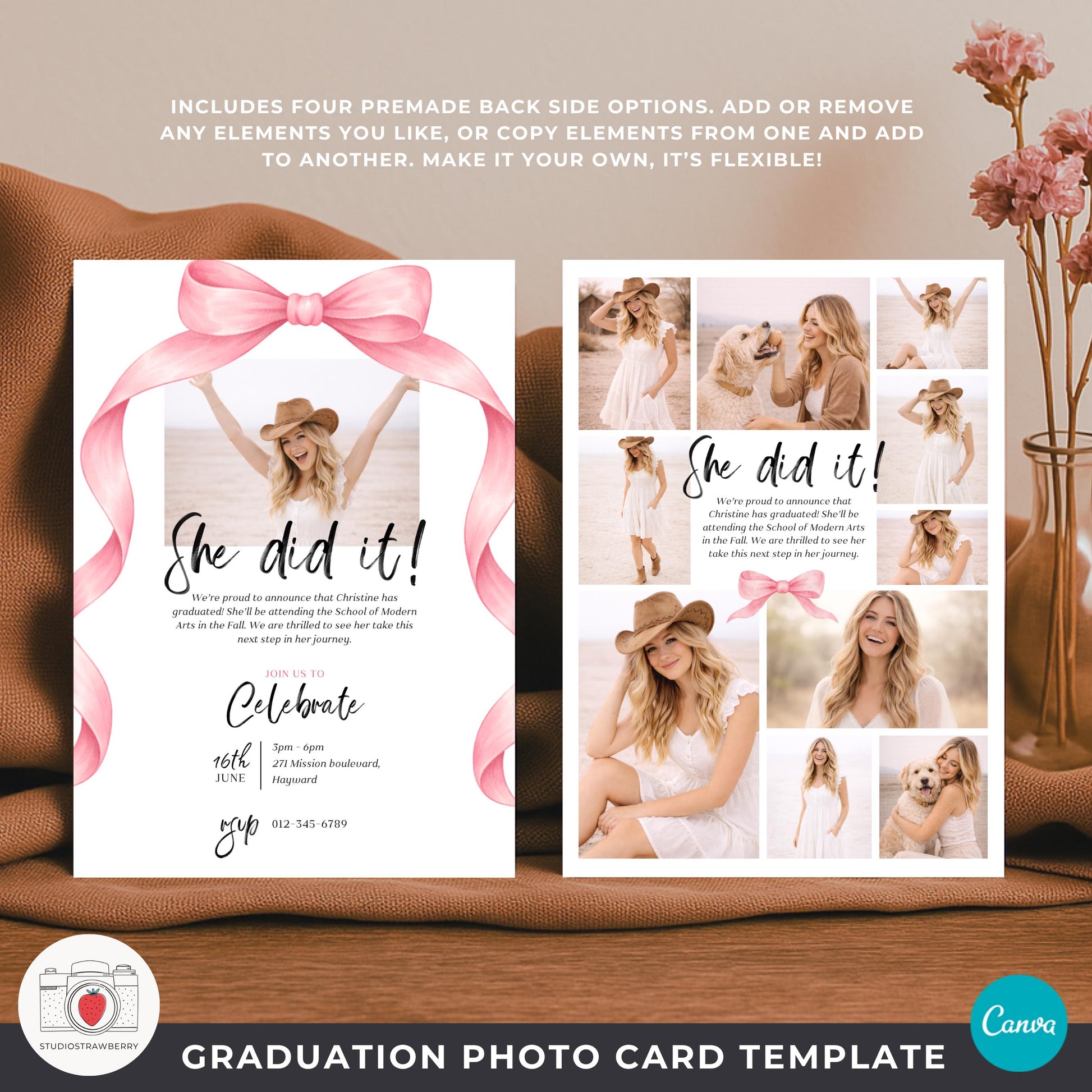 graduation party invitation with photo collage layout and pink ribbon detail