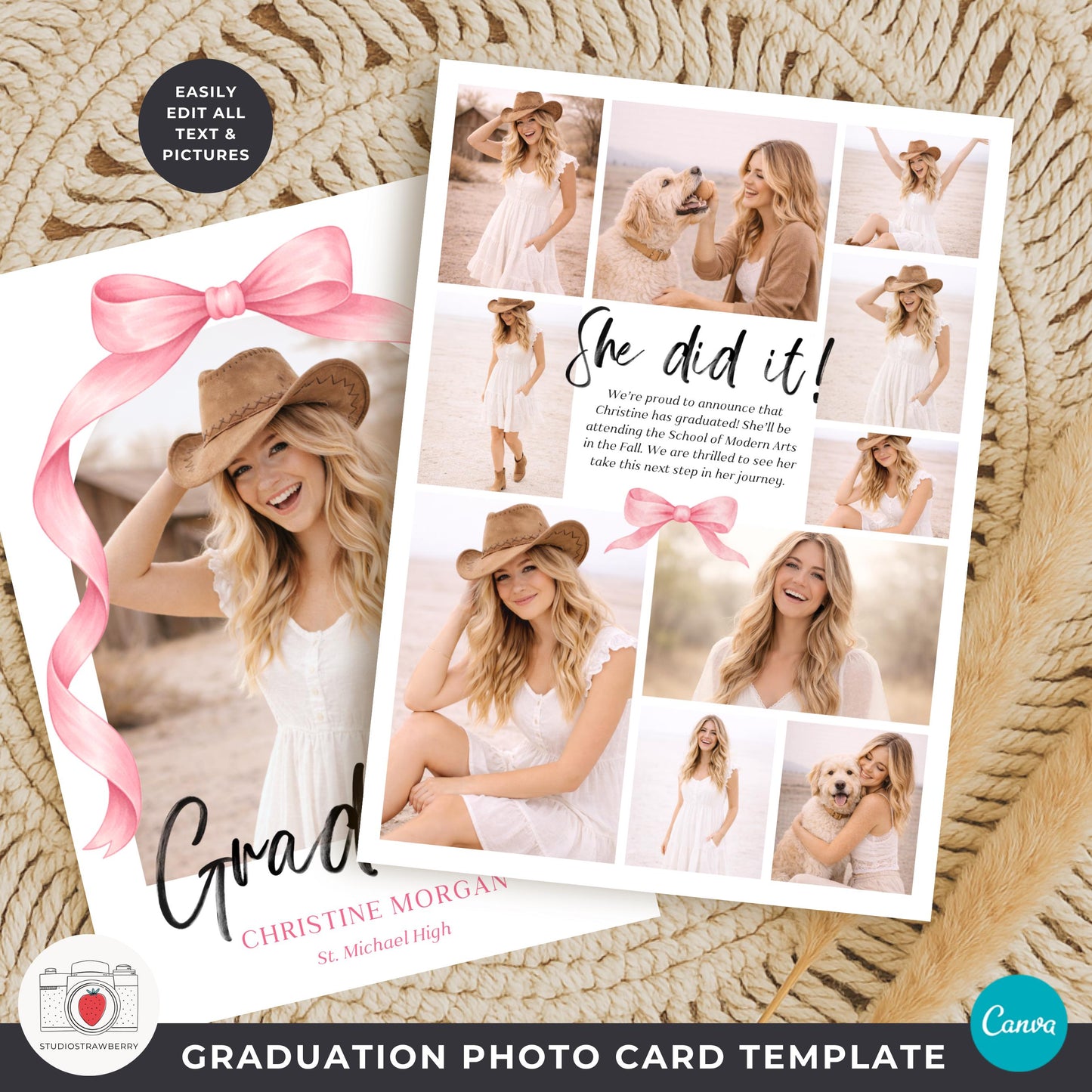 graduation card with multiple photo layout and centered text announcement
