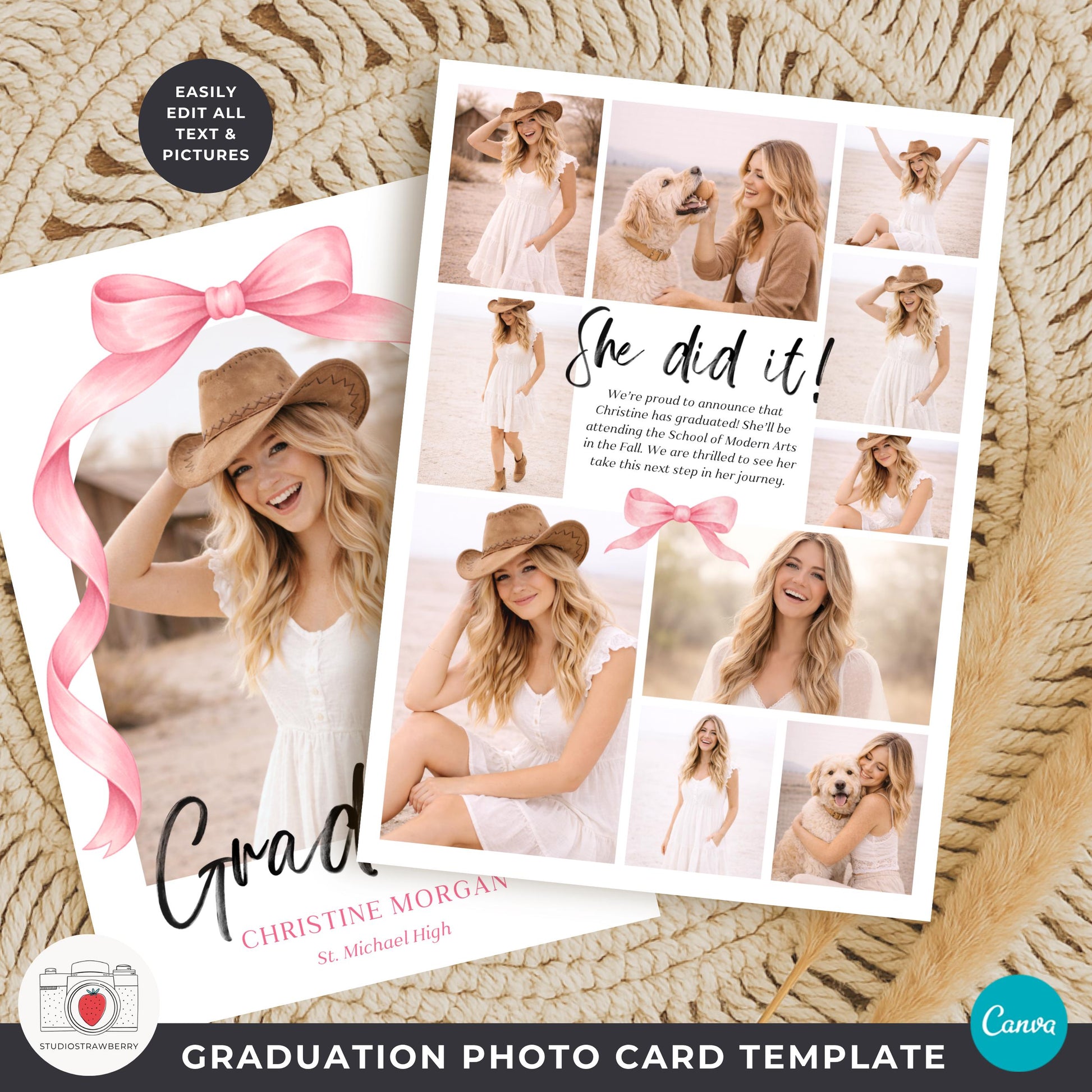 graduation card with multiple photo layout and centered text announcement