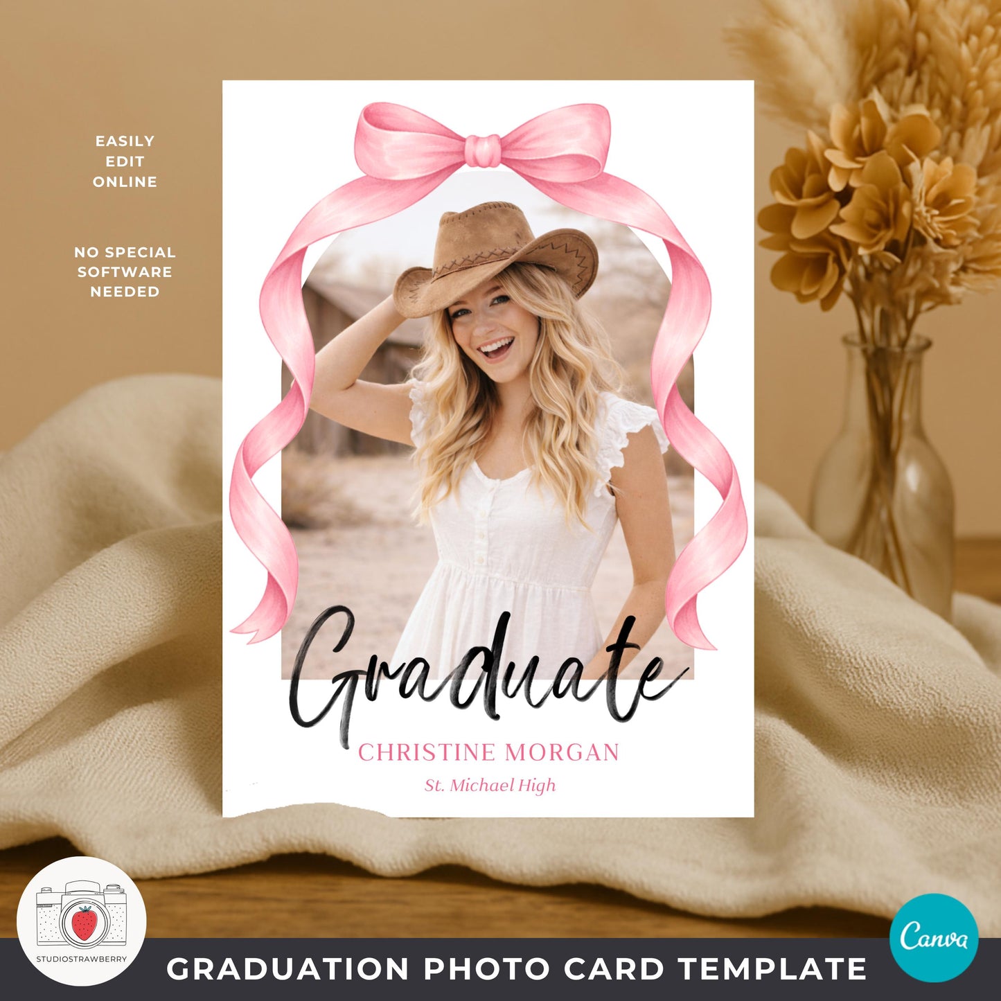 high school senior photo card template girl with pink bow ribbon frame