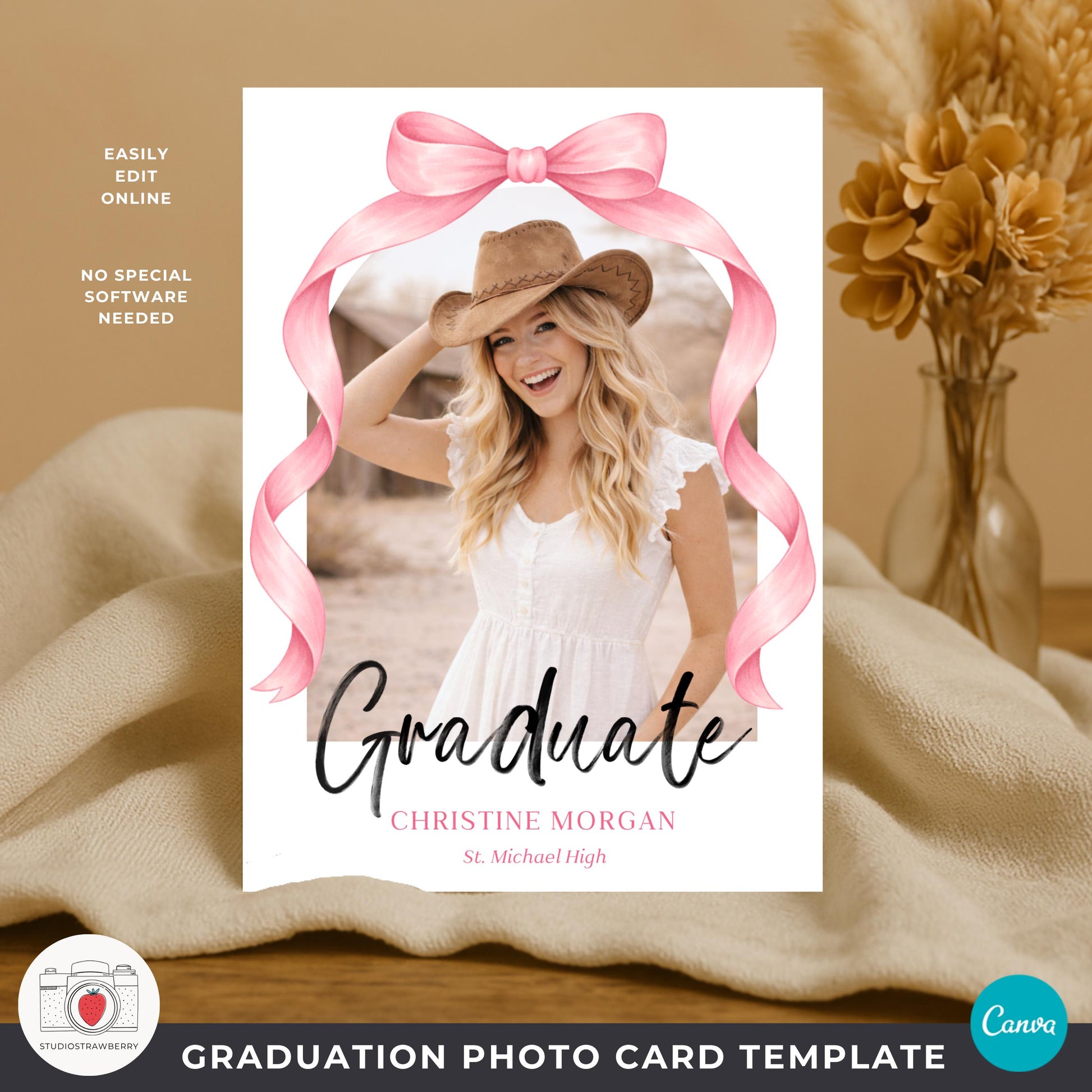 high school senior photo card template girl with pink bow ribbon frame
