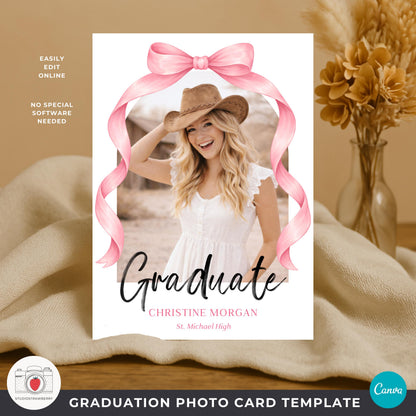 high school senior photo card template girl with pink bow ribbon frame