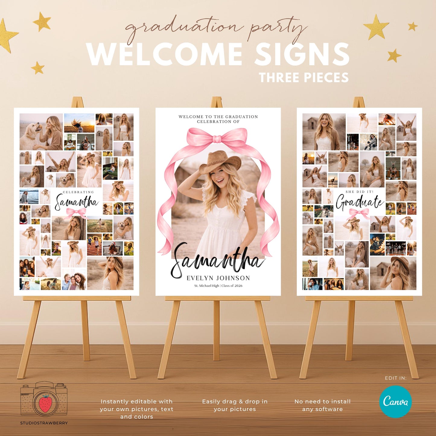 Pink bow graduation welcome sign set with three matching boards for female graduate party