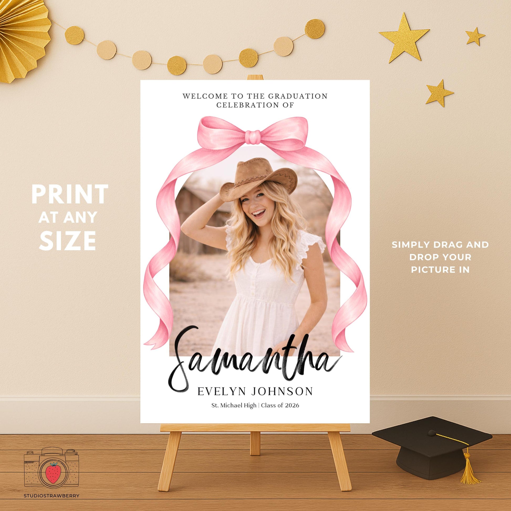 Pink ribbon graduation sign template designed for girl graduation celebration with photo