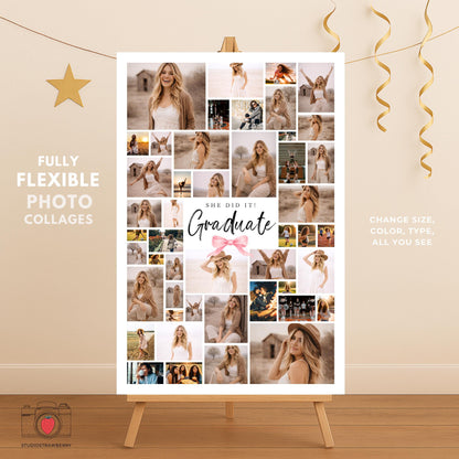 Female graduate welcome sign with large portrait photo and editable name layout