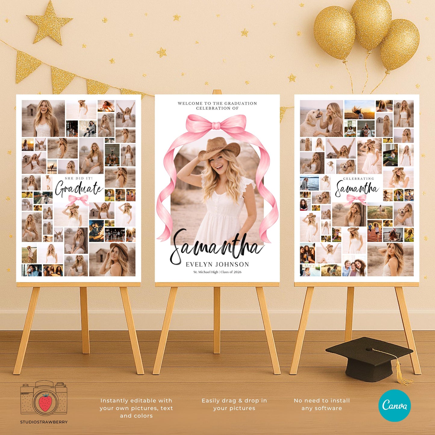 Senior graduation sign template girl with soft pink ribbon and photo layout
