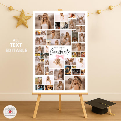 Graduation party welcome sign template with collage and portrait photo combination