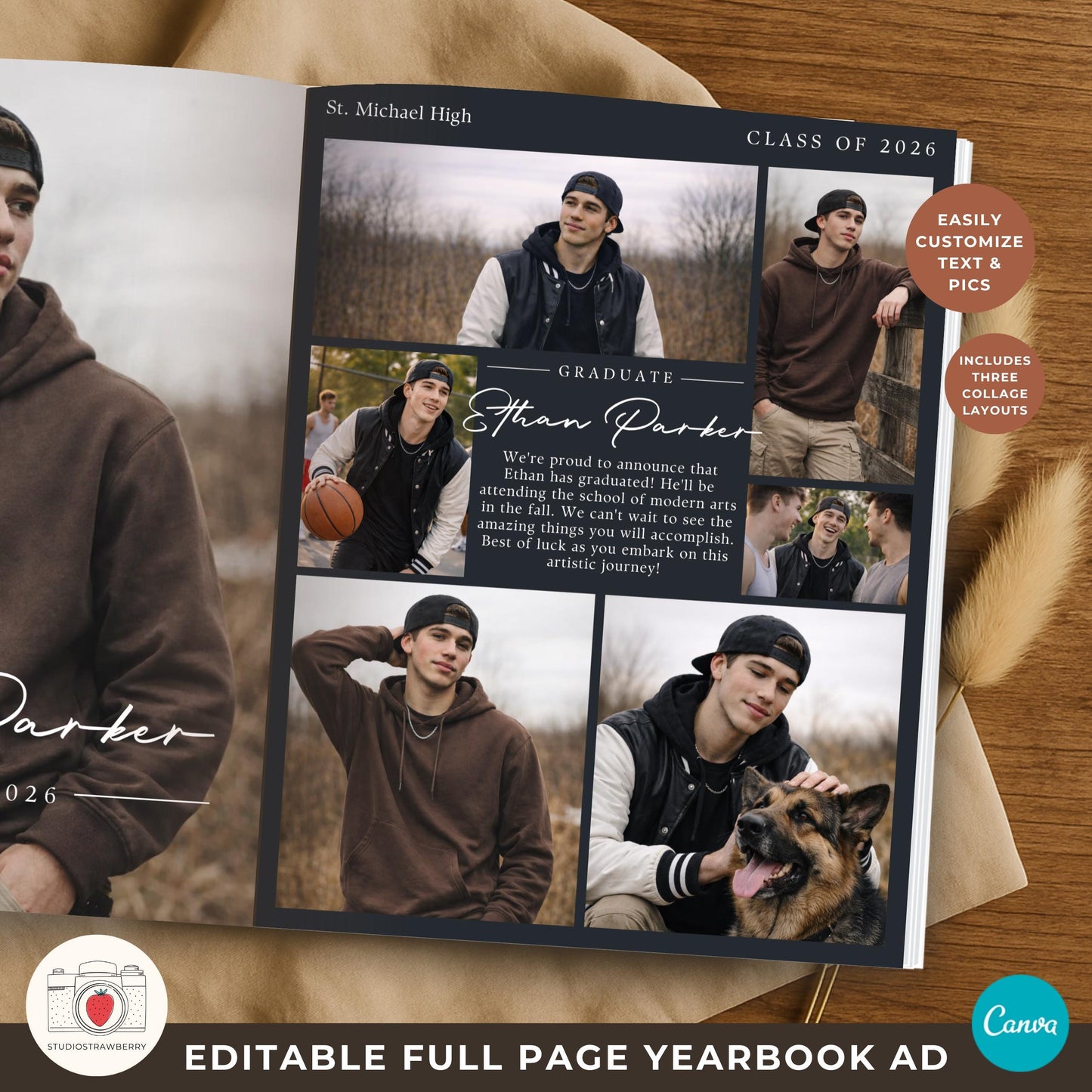 High school yearbook ad template boy with 6 photo collage layout