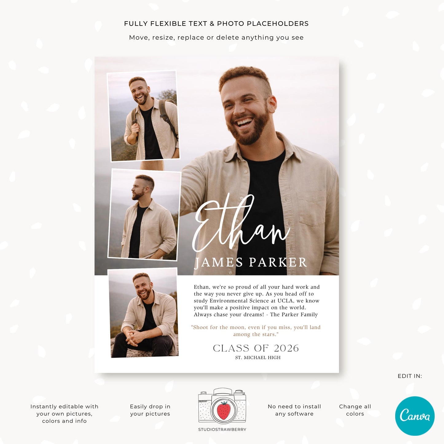 Senior yearbook ad Canva template male with editable text and photos