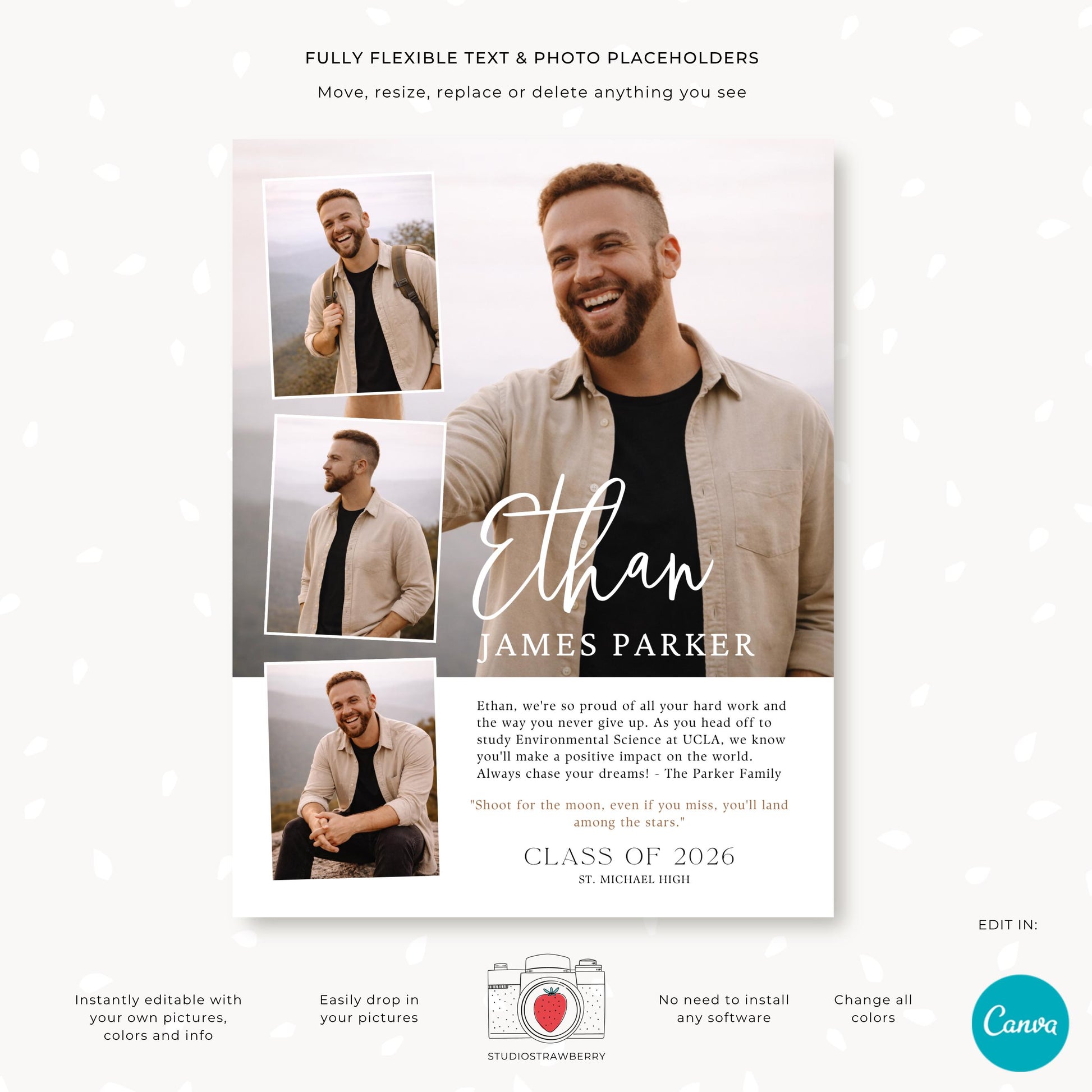 Senior yearbook ad Canva template male with editable text and photos