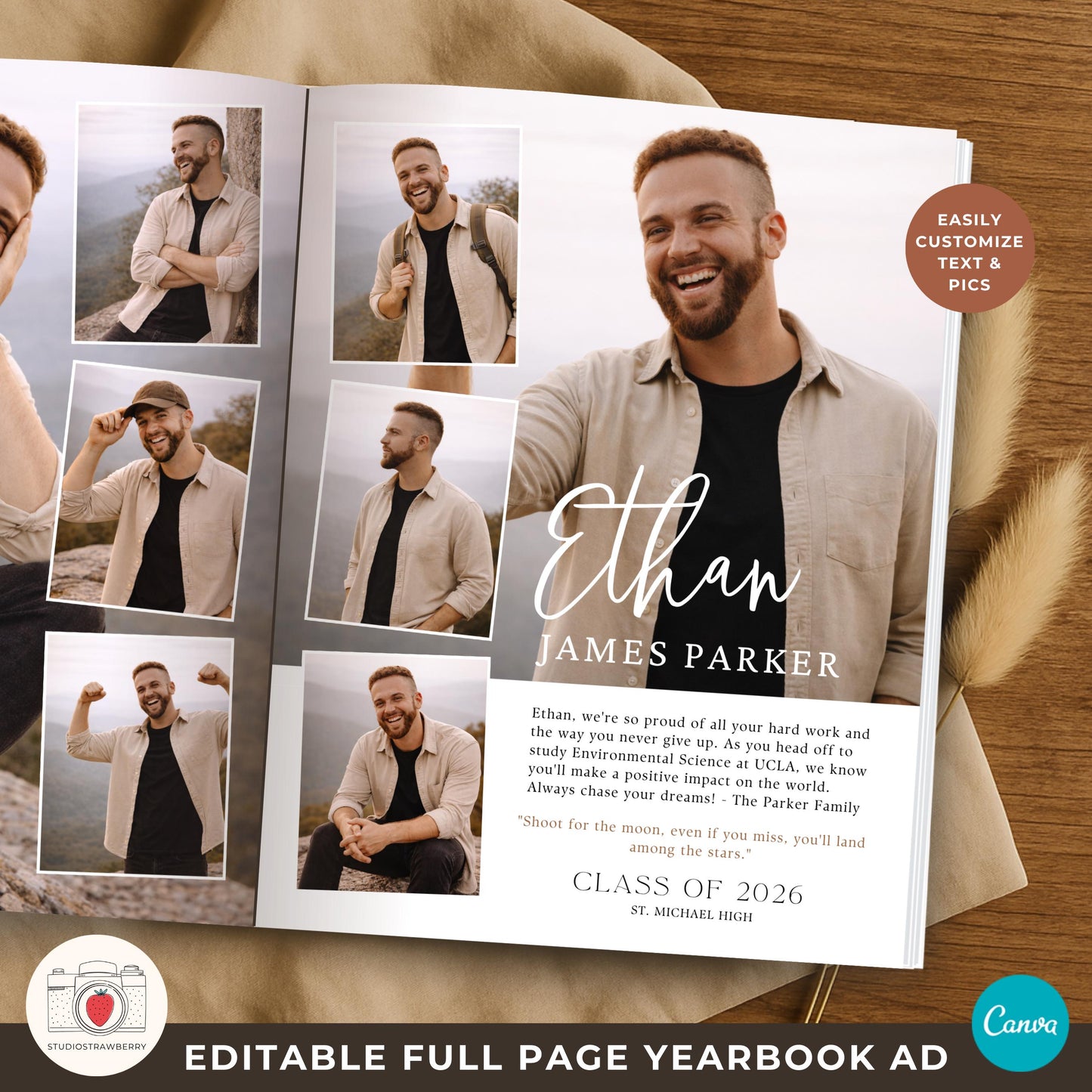 Male graduation yearbook ad template full page collage layout for high school senior