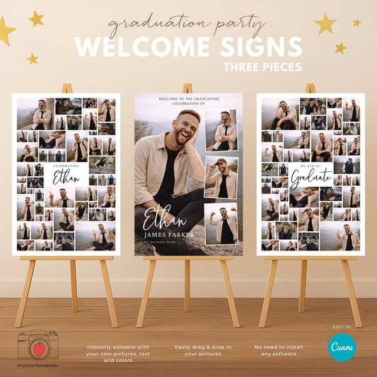 graduation welcome sign for boy with photo collage set of 3 displayed on easels