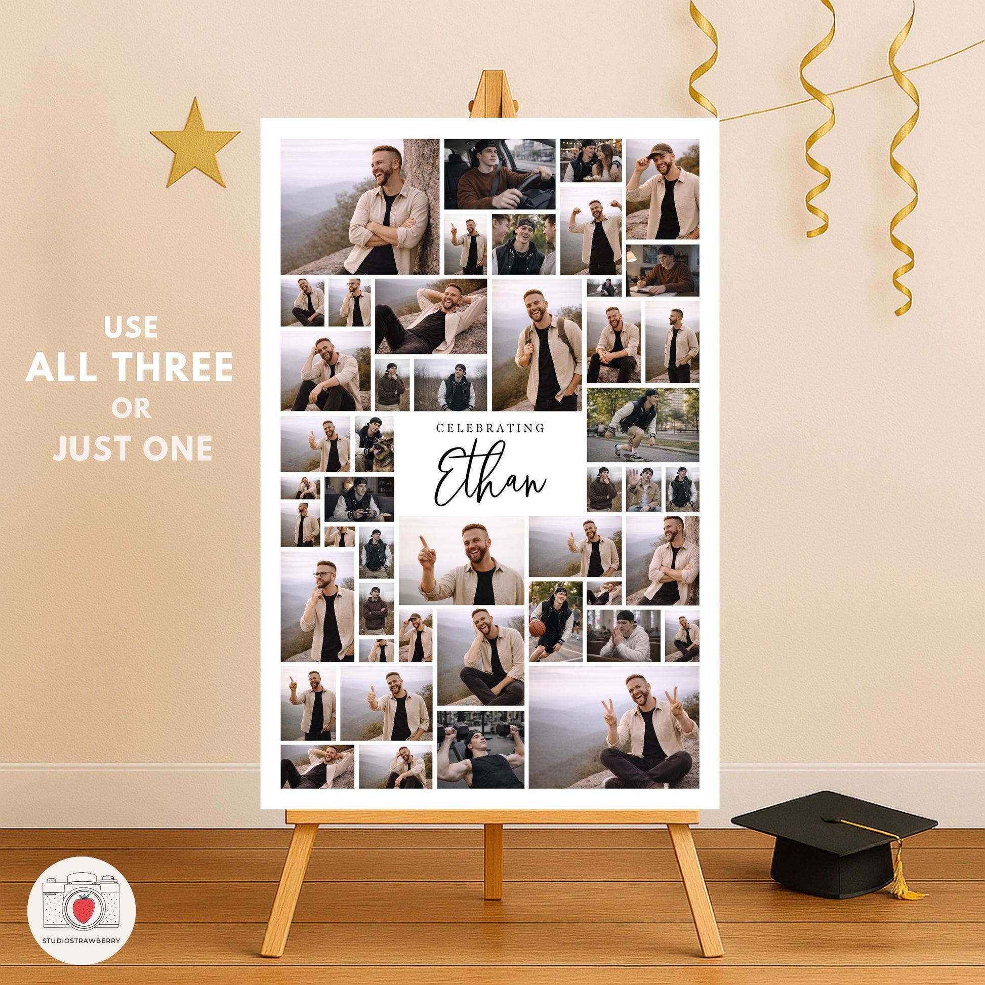 graduation welcome sign editable template Canva with multiple photo frames