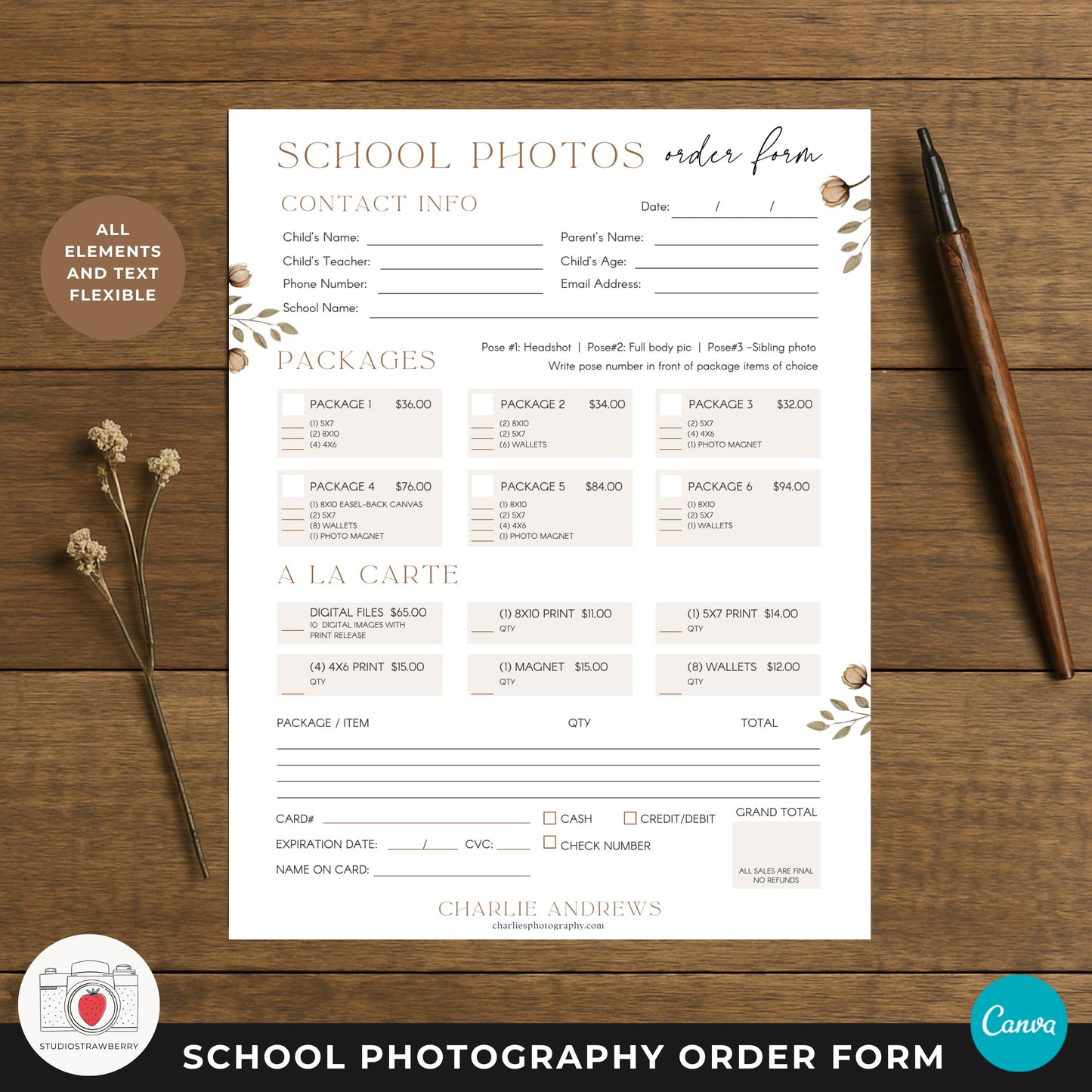 School picture order form Canva template for photography businesses